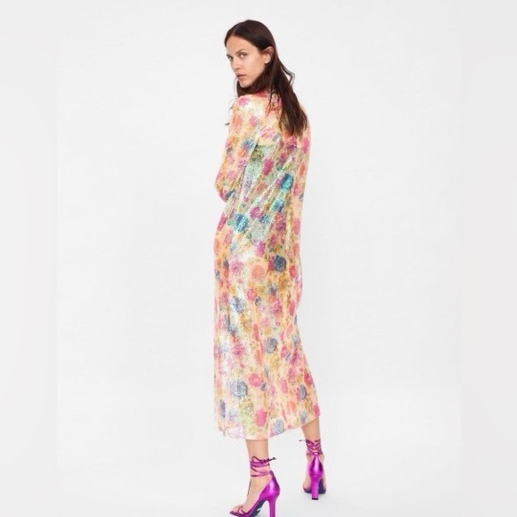 Zara Floral Print Sequin Midi Long Sleeve Dress - Picture 5 of 9